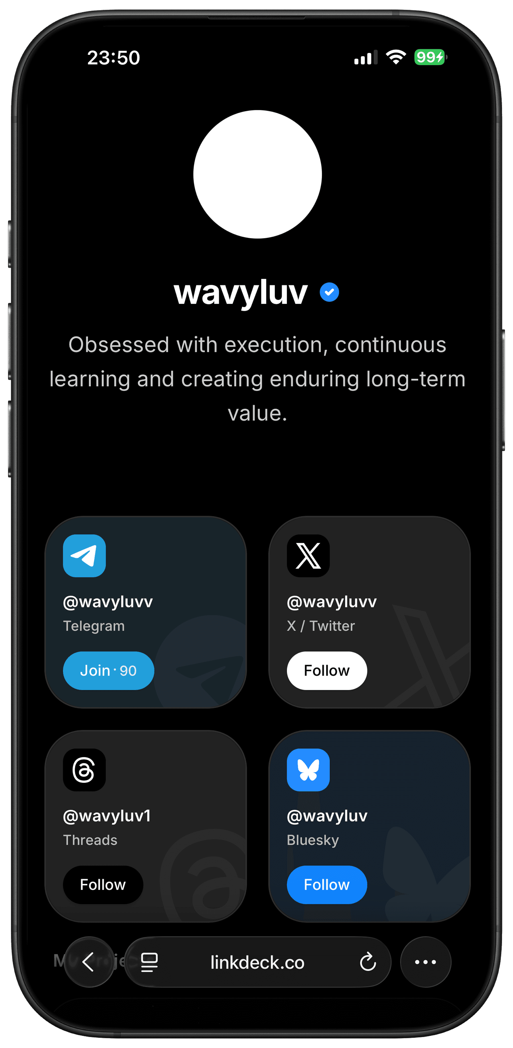 Linkdeck profile page on iPhone — avatar, bio, and link cards laid out cleanly.