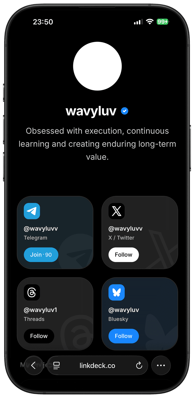 Linkdeck profile page on iPhone — avatar, bio, and a 2×2 grid of social link cards.